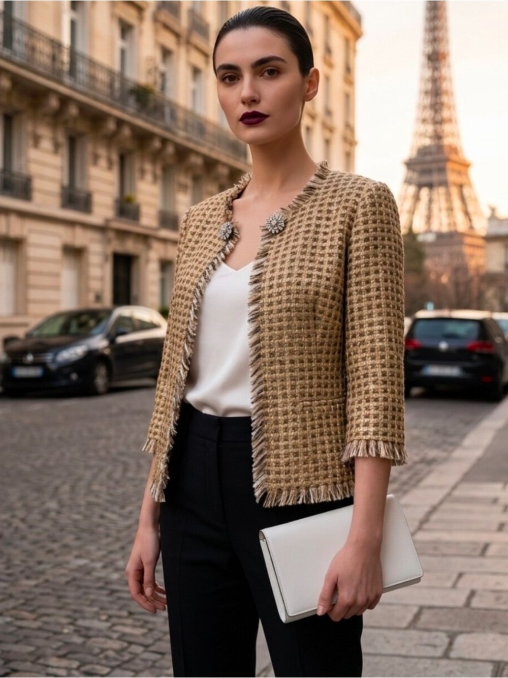 Trina Turk Gold Brown Tweed Fringe  Blazer Lady Jacket Crystal Buttons Sz 6 CHIC